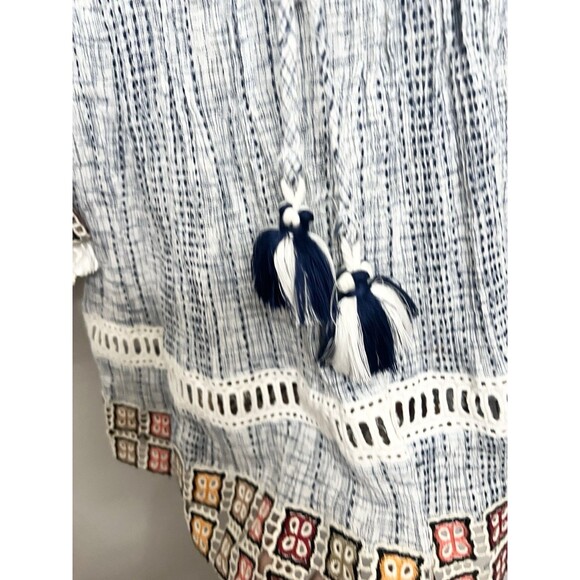 John Mark Top Shirt Small Blue Boho Embroidered Crochet Pullover Tunic Tassel - Picture 6 of 9